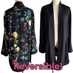 Reversible Floral Black Kimono Jacket Sz L/XL Black Multicolour Longline Cover